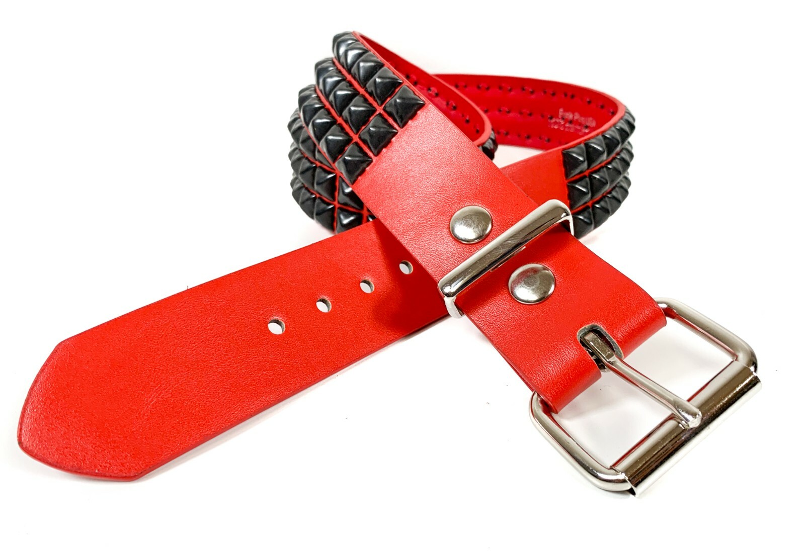 Vegan Red Leather Three Row Black Pyramid Stud Belt Punk Goth Metal Funk Plus