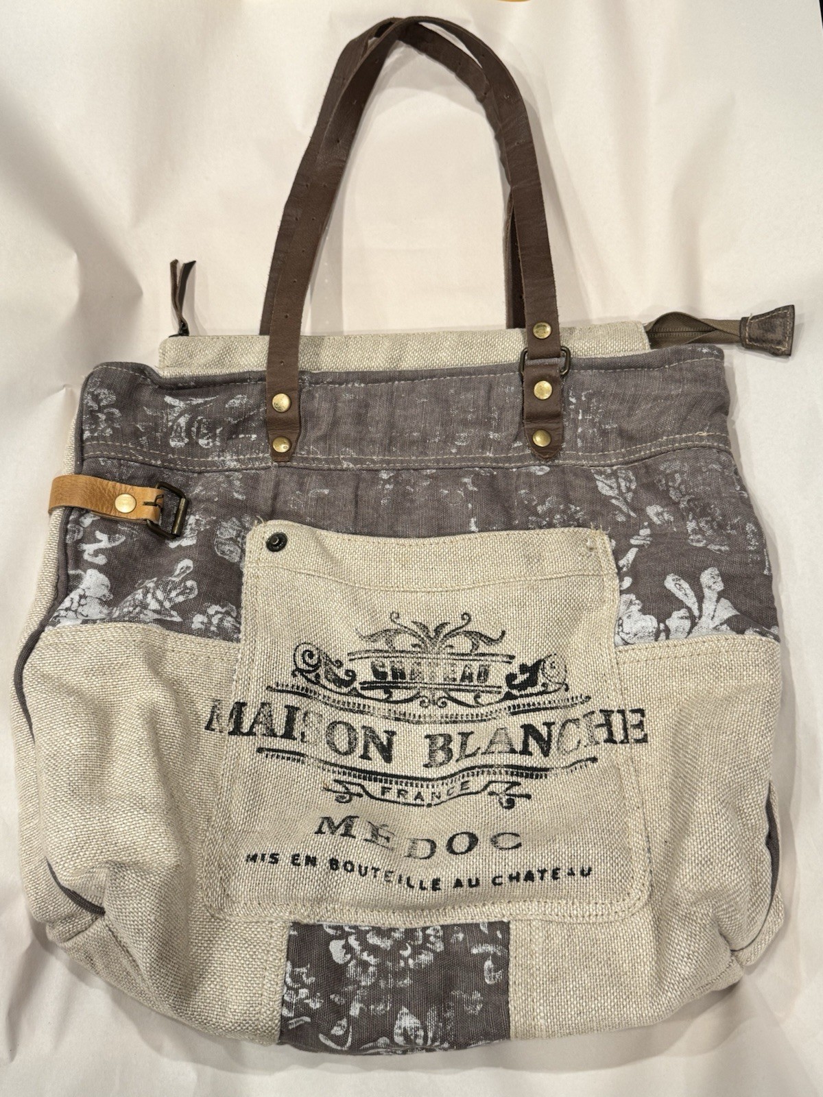 Myra Bag “Maison Blanche” Upcycled Linen Canvas Tote W/ Leather Handles
