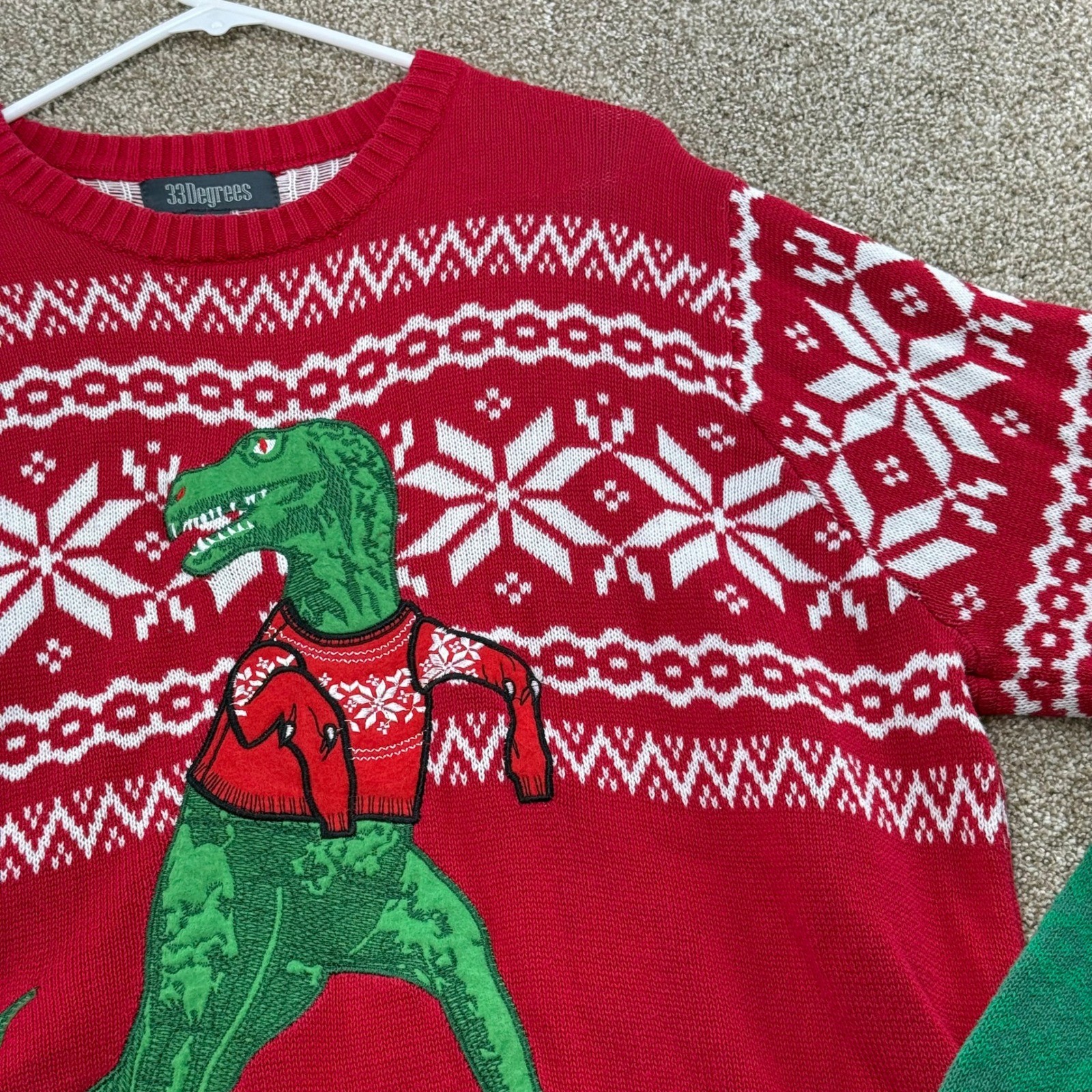 33 Degrees Mens XL Christmas Sweater T-Rex Dinosaur Red Green Ugly Funny