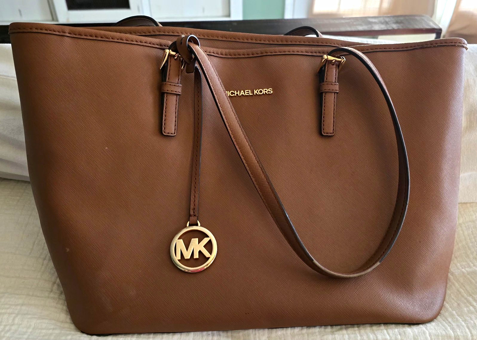 Michael Kors Women’s Brown Tote Bag Zip Top MK Charm Gold Hardware
