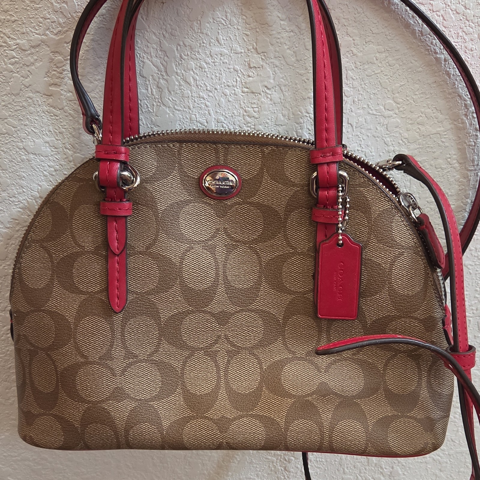 Coach Signature Peyton Cora Dome Satchel Top Handle Bag Brown/Red Zip Silver