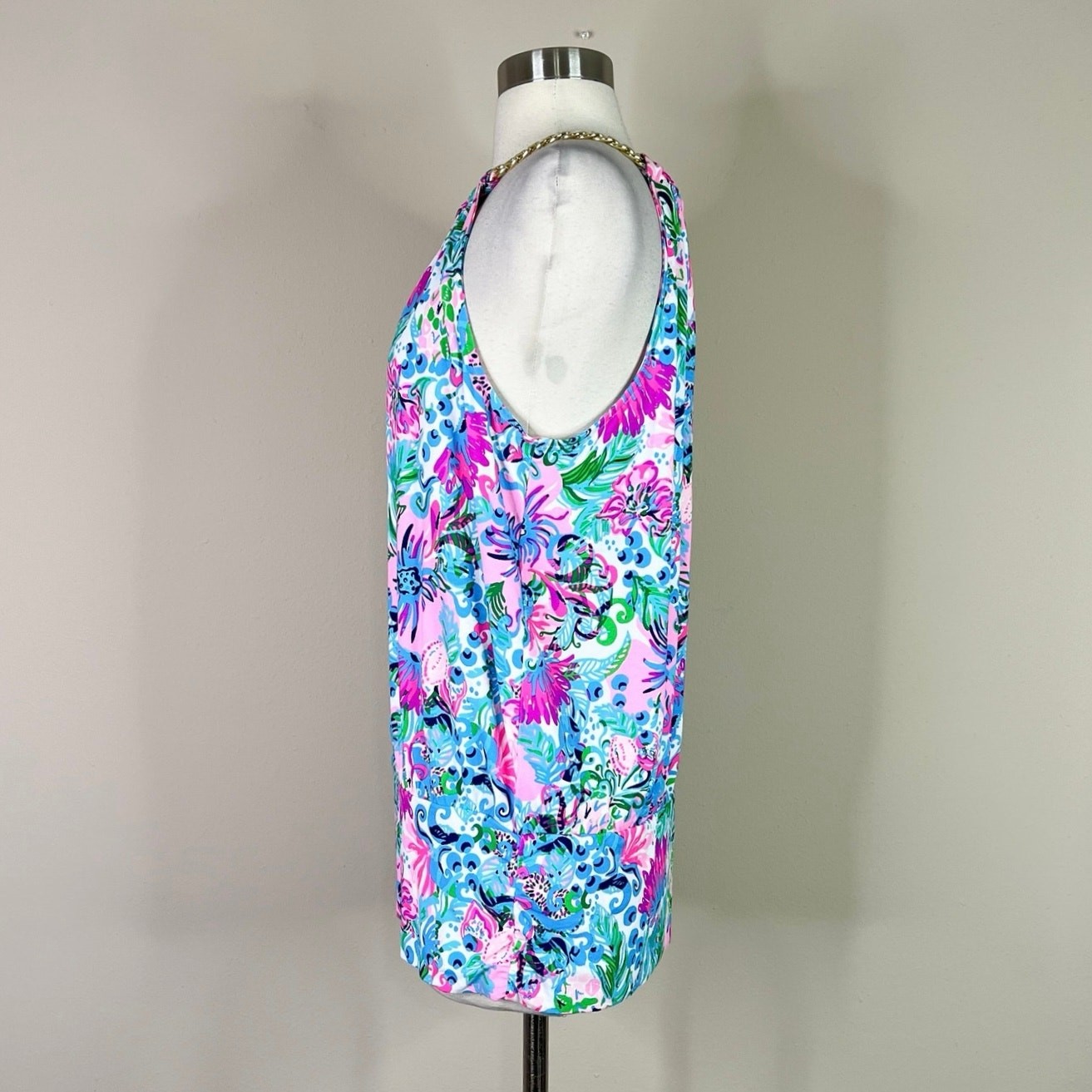Lilly Pulitzer | Bowen Tropical Pink Floral Halter Gold Chain Tank Top Large