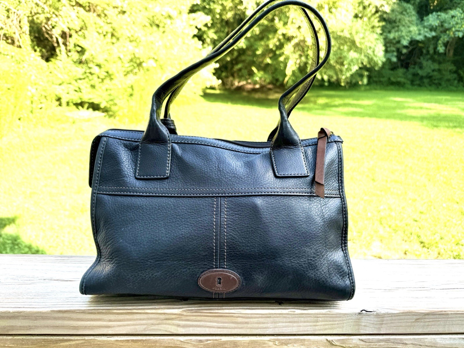 Vintage Fossil Morgan LOCK & KEY Black Cowhide Pebbled Leather Satchel Purse EUC
