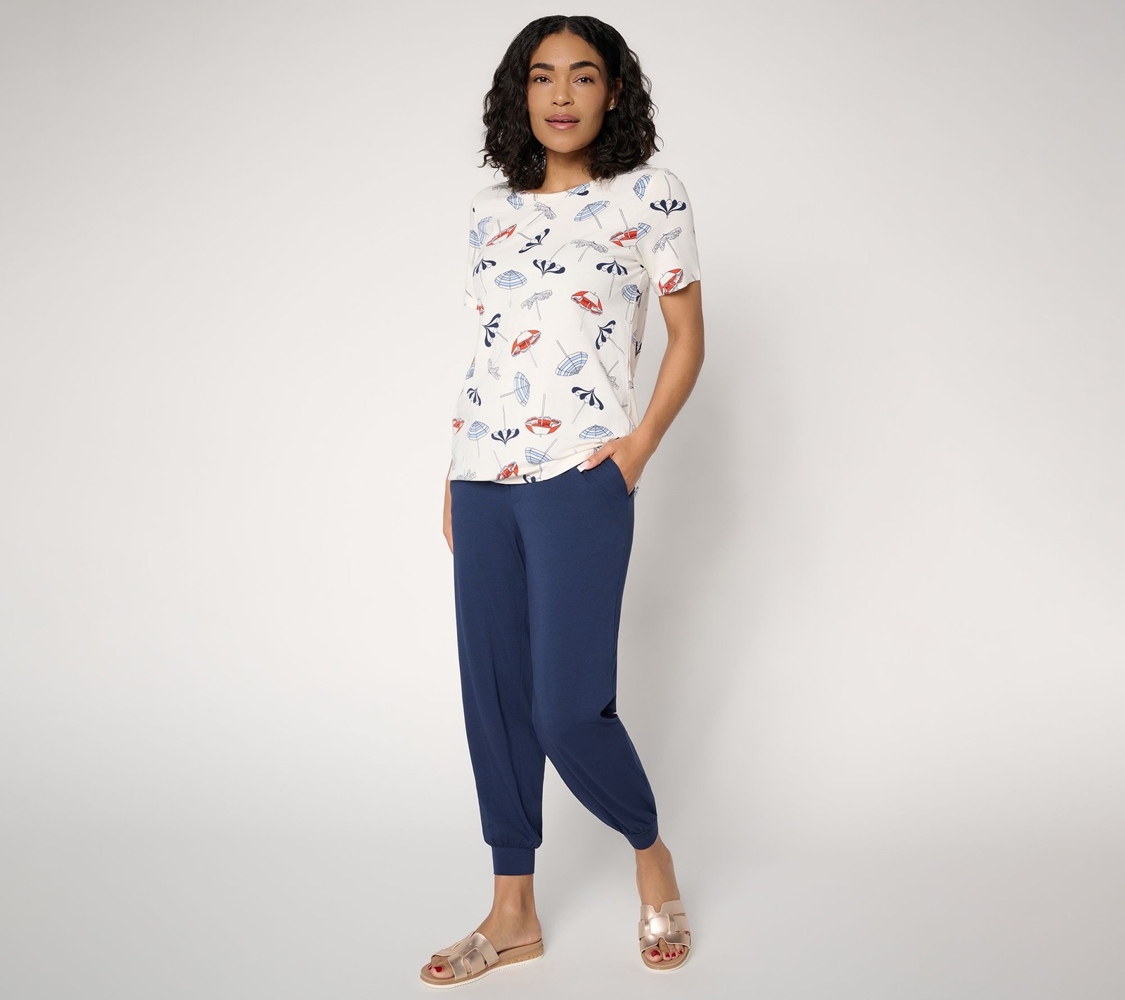 Anybody Regular Cozy Knit Printed Tee & Jogger Set Navy M New