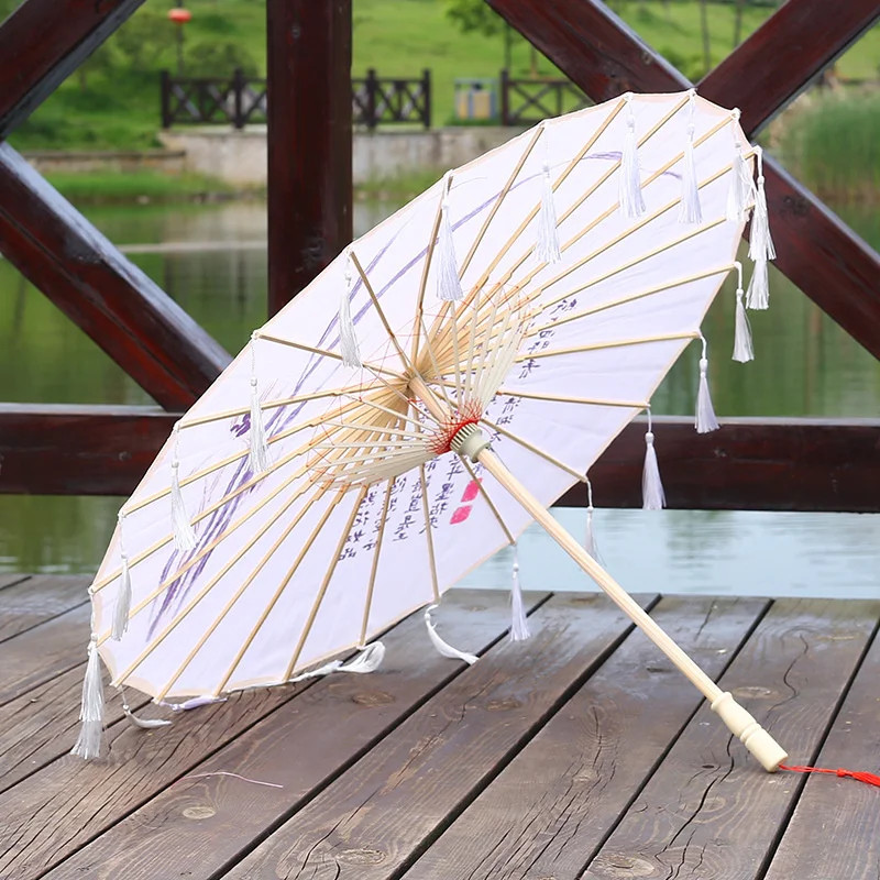 Cloth Parasol Umbrella 82cm Long Handle Silk Tassel Hanfu Cosplay Photo Prop