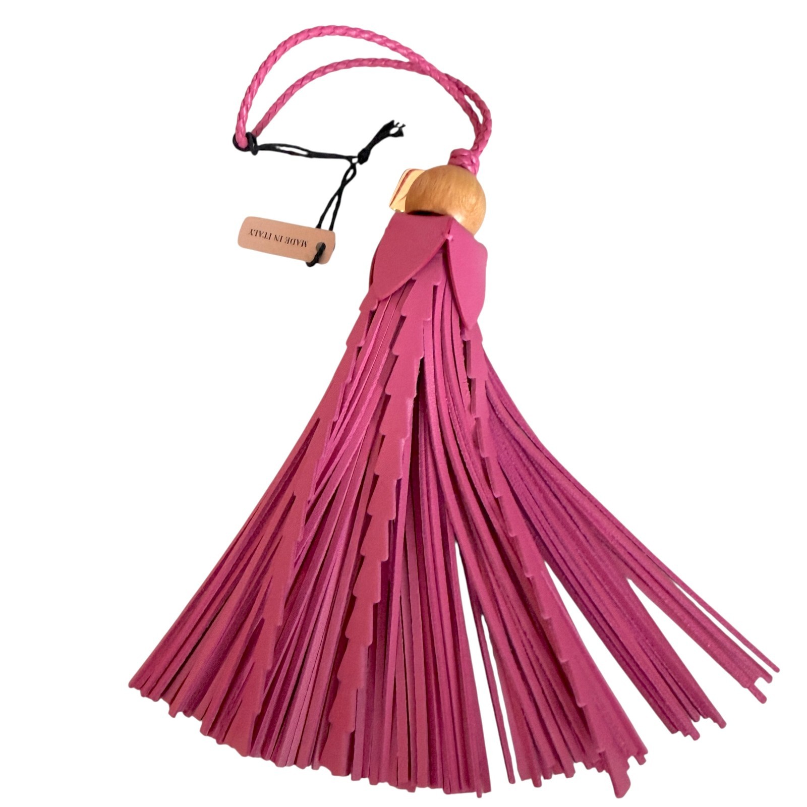Miu Miu Bag Charm Leather Keychain NEW, Pink Tassel with wood top