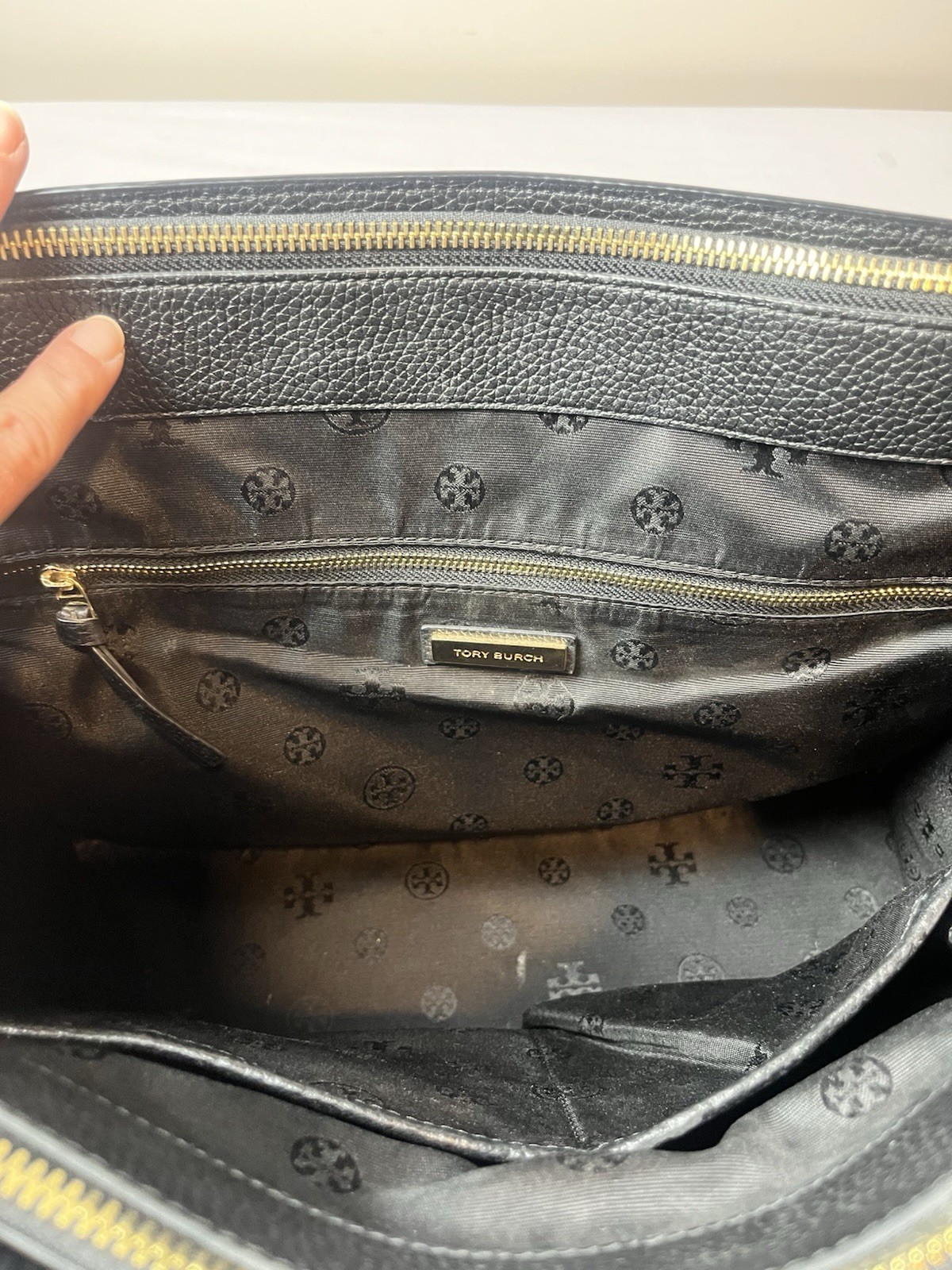 Tory Burch Black Satchel Zip Closure Tassel Logo Gold Hardware Detachable Strap