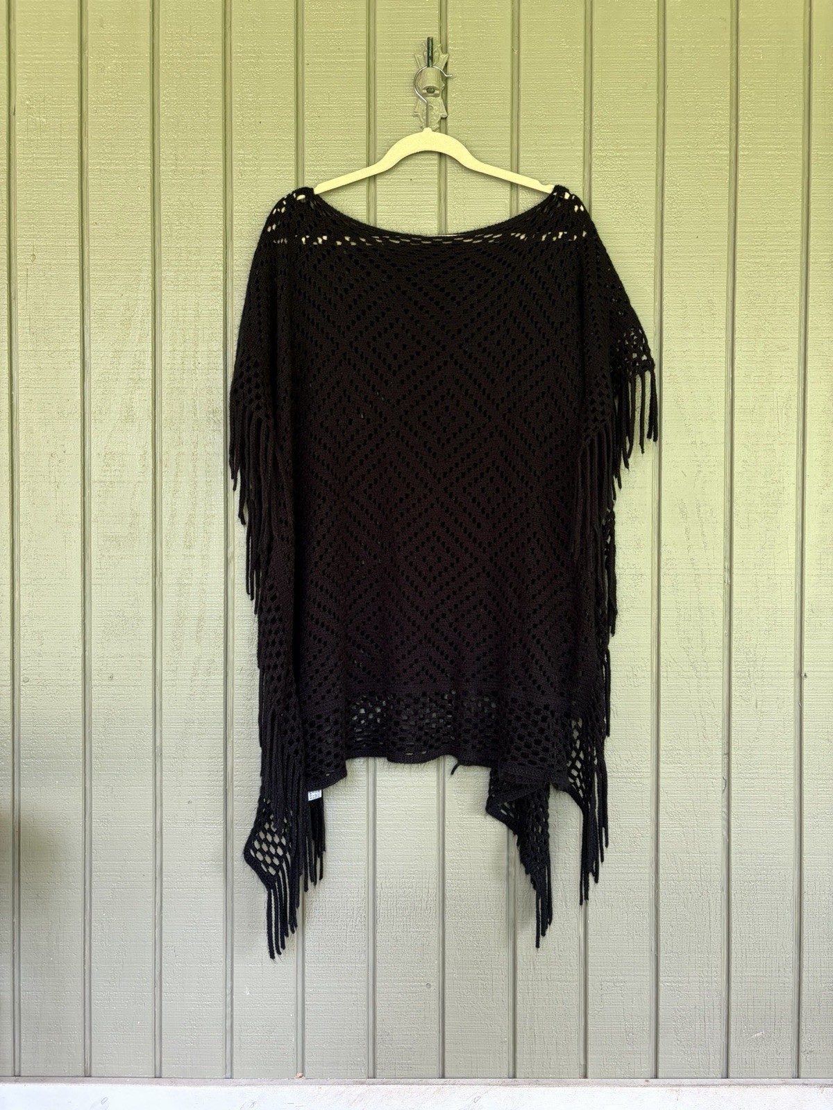 Unbranded Black Crochet Fringe Poncho One Size Boho Open Knit Cover