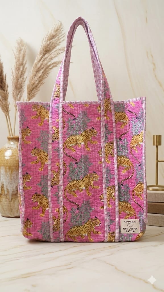 Handmade Leopard Print Tote Bag Pink Quilted Cotton Everyday Shoulder Bag item