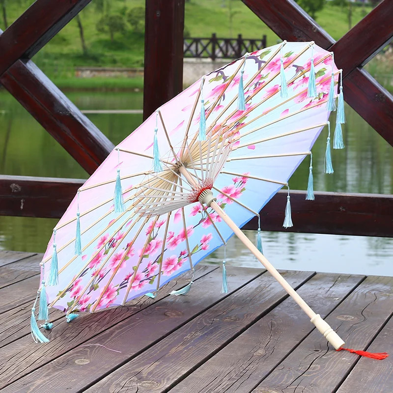 Cloth Parasol Umbrella 82cm Long Handle Silk Tassel Hanfu Cosplay Photo Prop