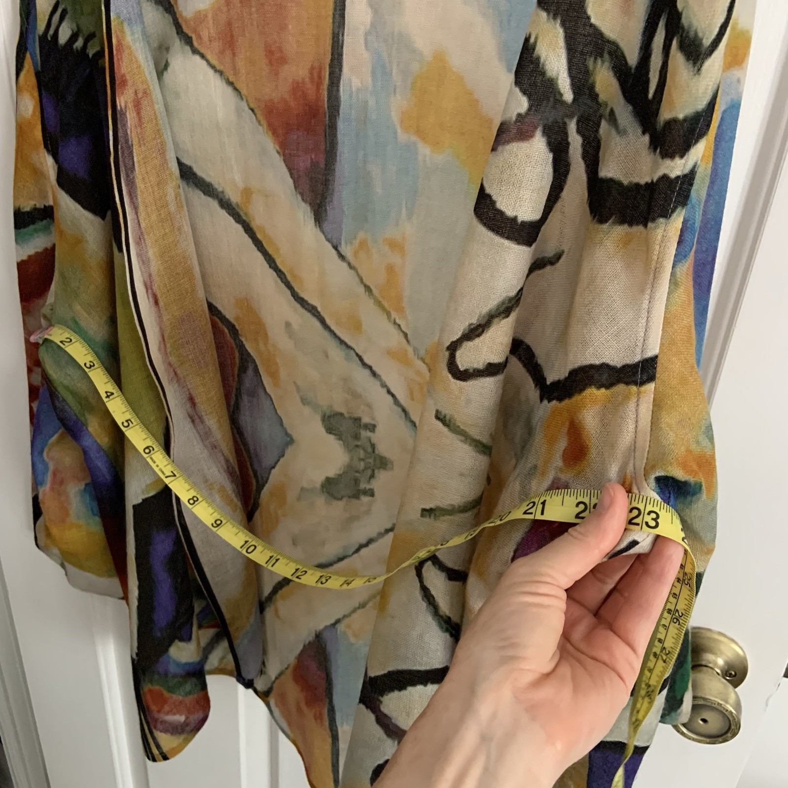Tao House Open Cardigan 100% Sheer Wool L/XL Hand Printed Abstract *Sm FLAW