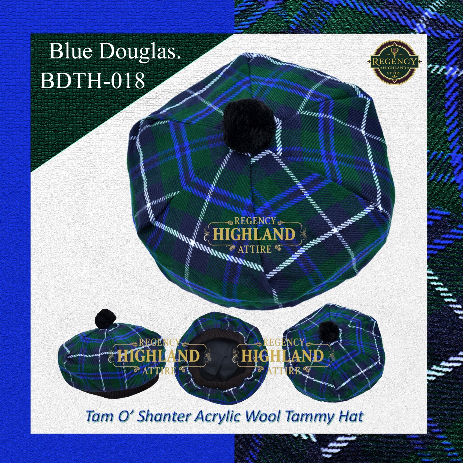 Unisex Great Scottish Highland Tam O Shanter Hat Made of Acrylic Wool Tartan.