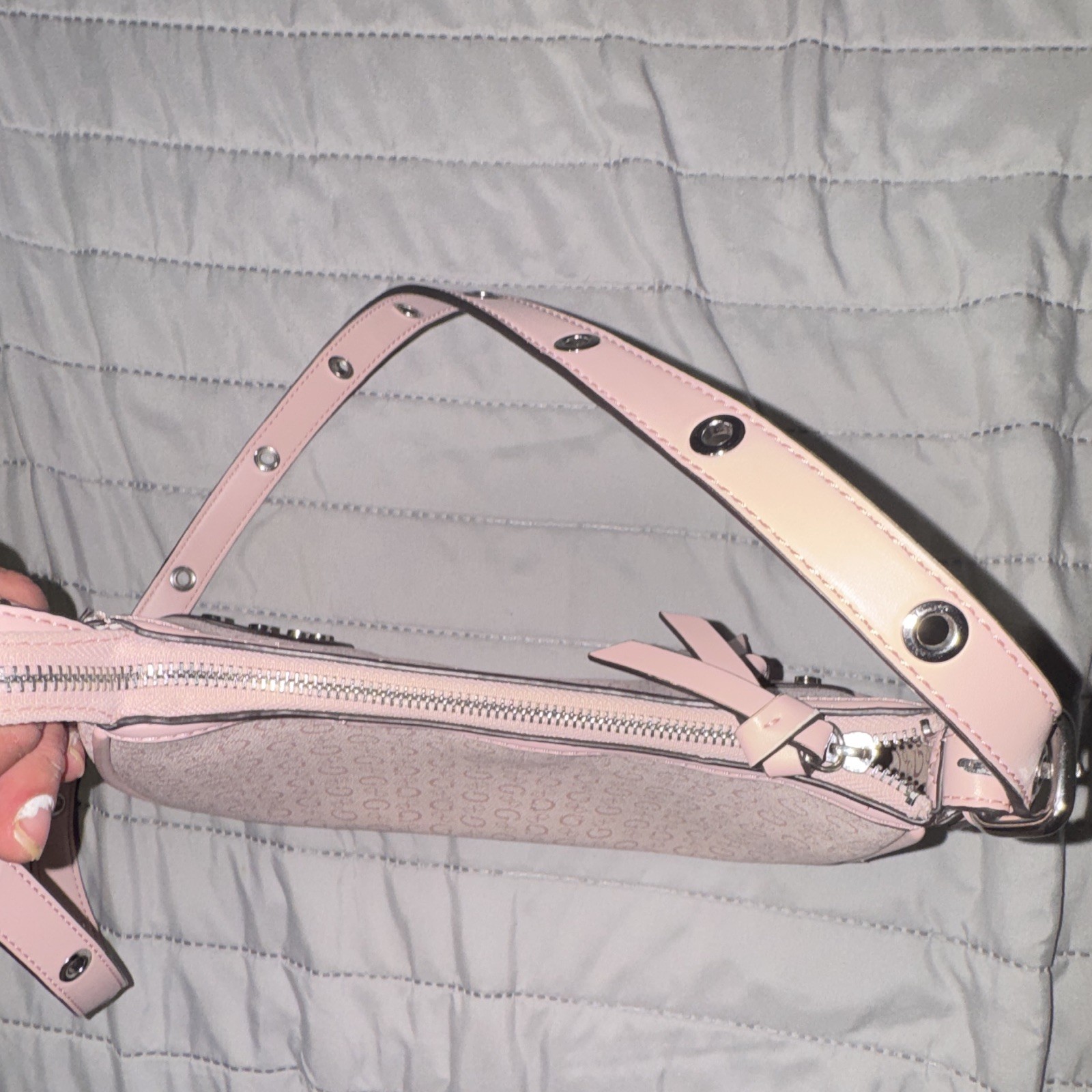 GUESS Pink Logo Crescent Shoulder Bag Small Zip Studded Detachable Strap