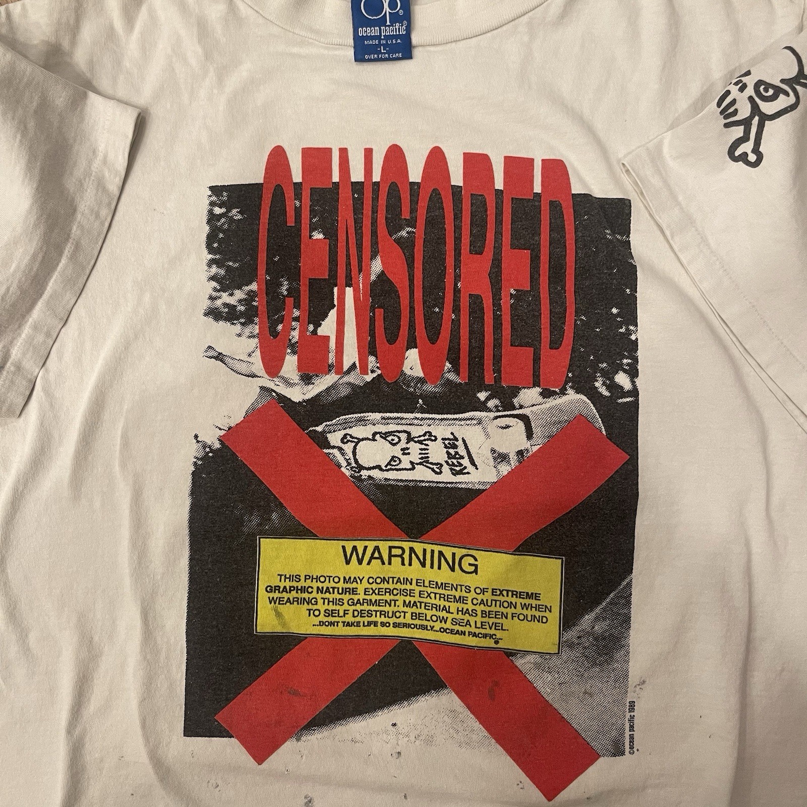 Vtg 80s OP Ocean Pacific Skull Rebel Skater Censored Double Sided 1989 Graphic L
