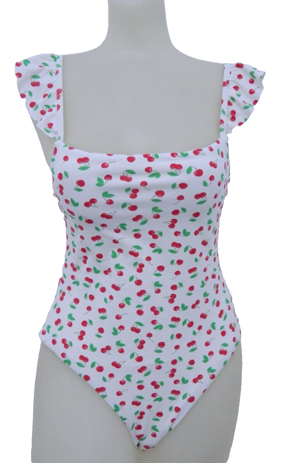 Aqua Swim White Cherries Flutter Sleeve 1-Piece Swimsuit NWT $98 Medium