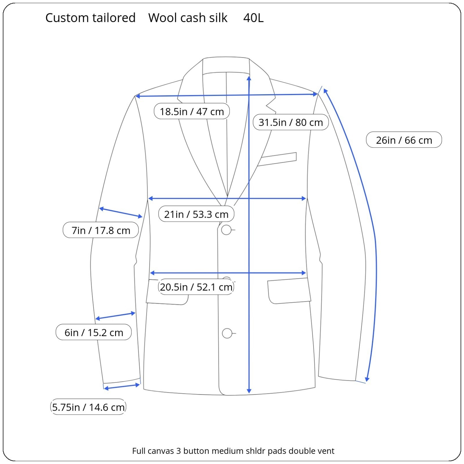 Custom Tailored Full Canvas Blazer 40L Silk Cashmere Wool Dual Vent Trussini