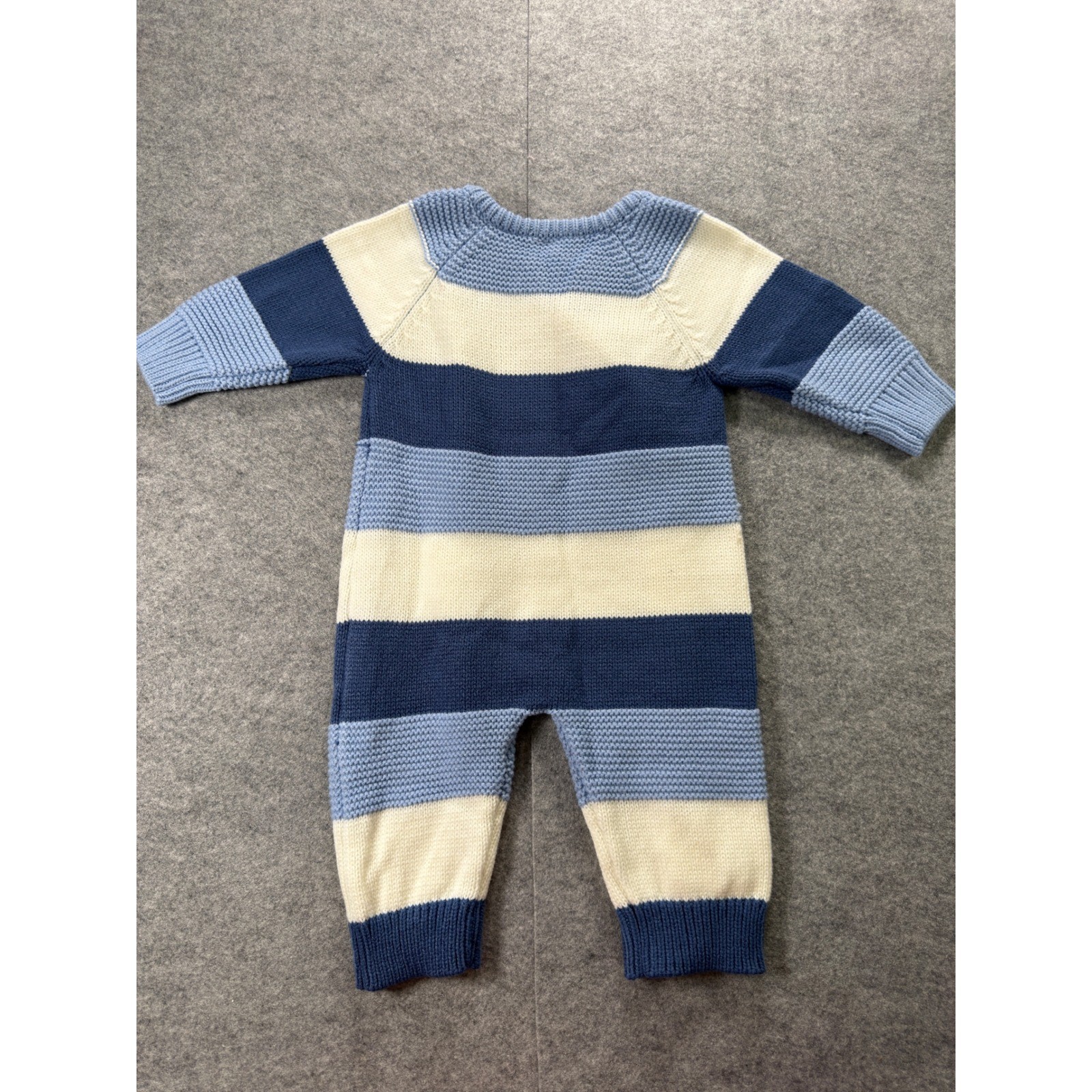 Licupiee Knit Romper Baby 6-9M Blue White Striped Long Sleeve Side Button