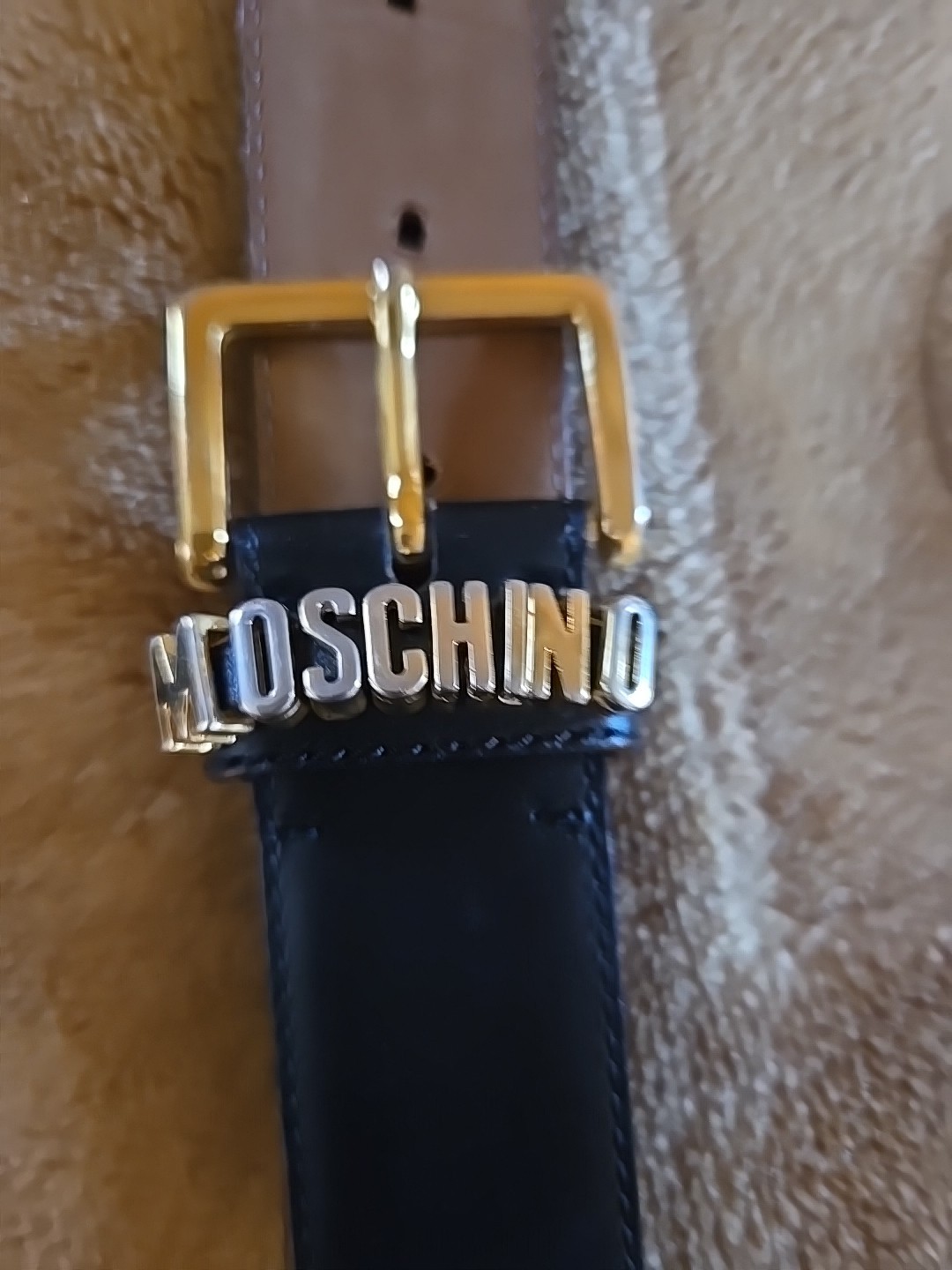 Vintage Moschino Redwall Black Leather Logo Belt Gold Buckle Made in Italy 40