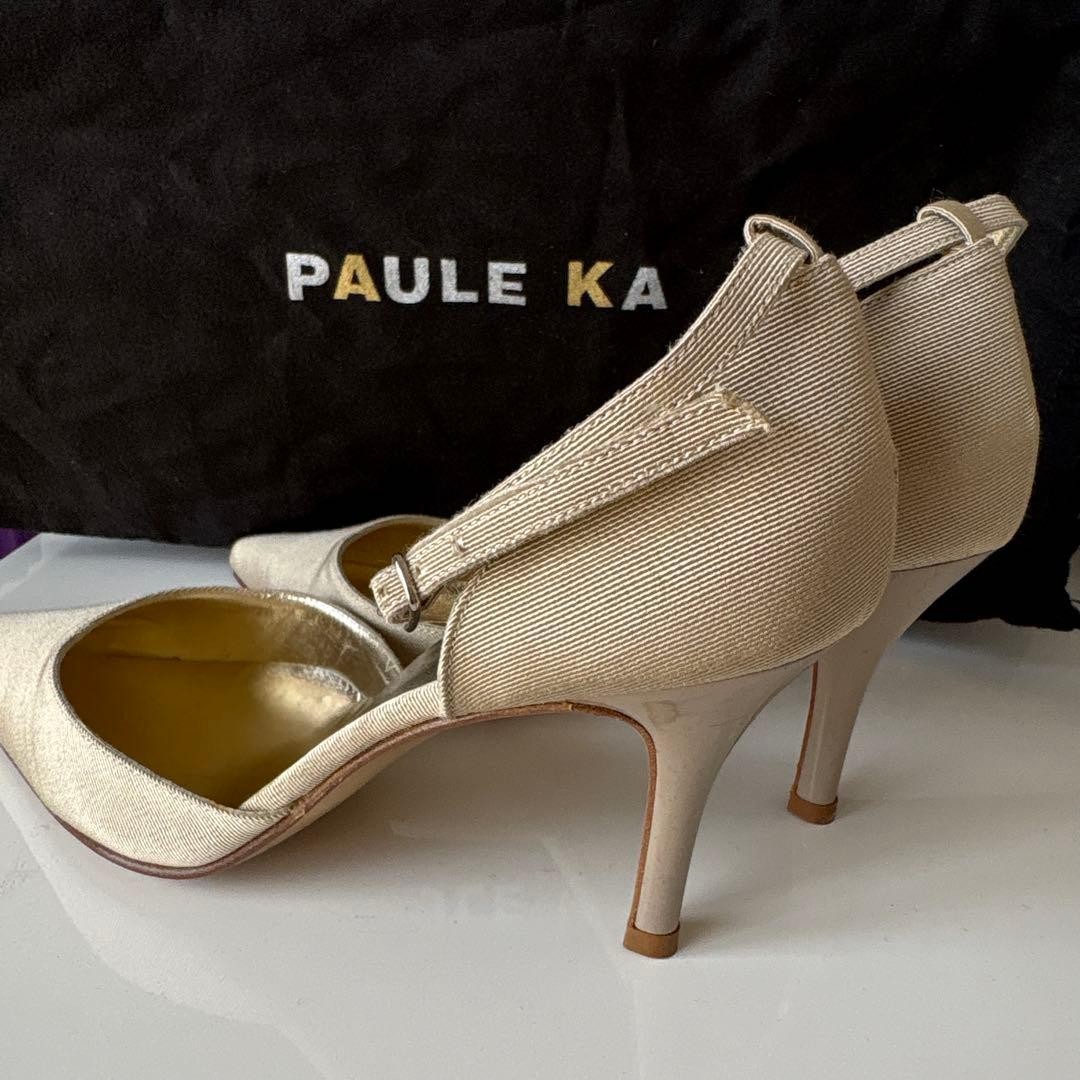 PAULE KA Beige Pointed Toe Ankle Strap Pumps 37.5 24cm 7.5cm Heel
