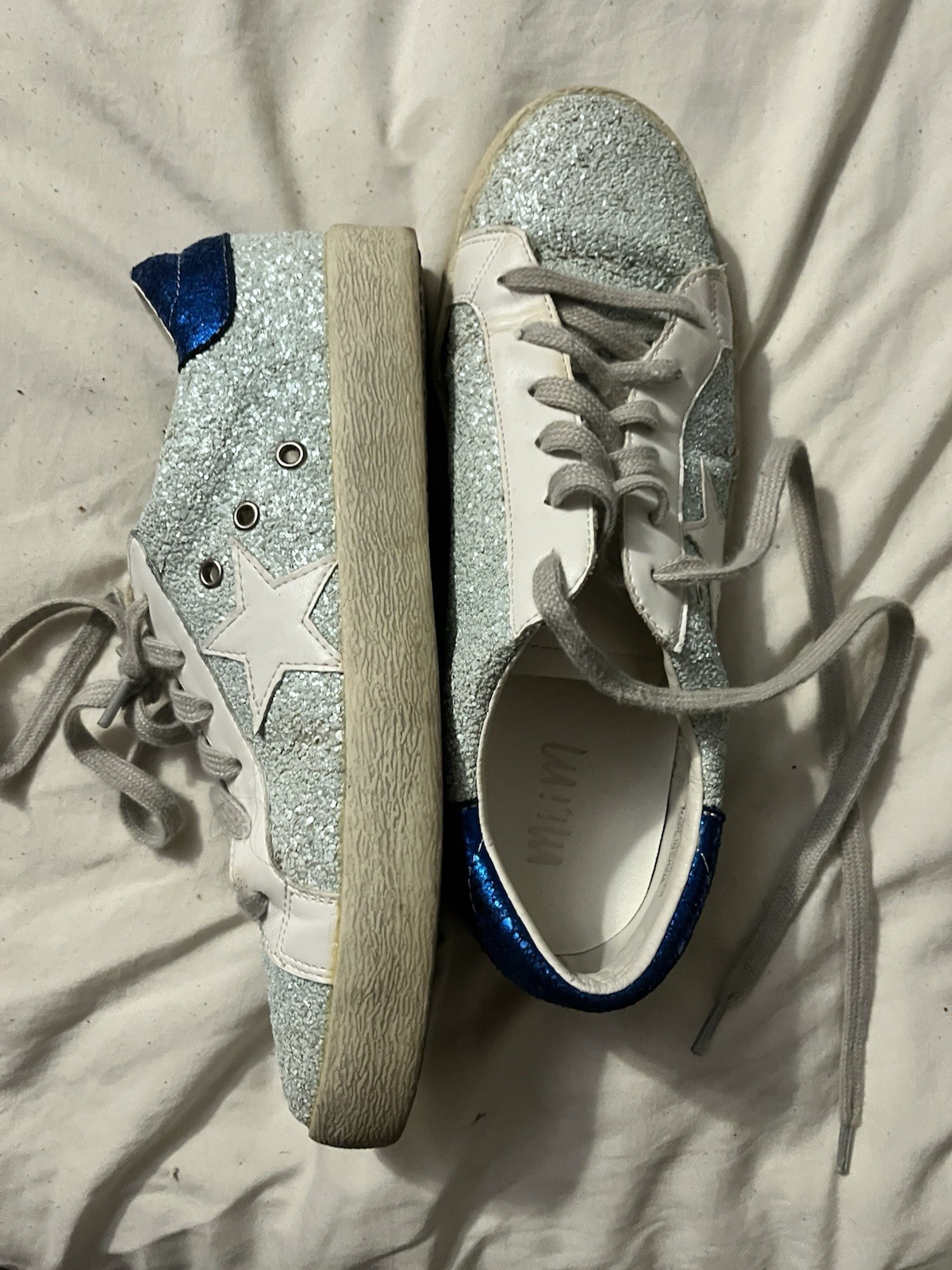 MiiM Silver/Blue/White Glitter Low Top Lace-Up Sneakers Athletic Shoes