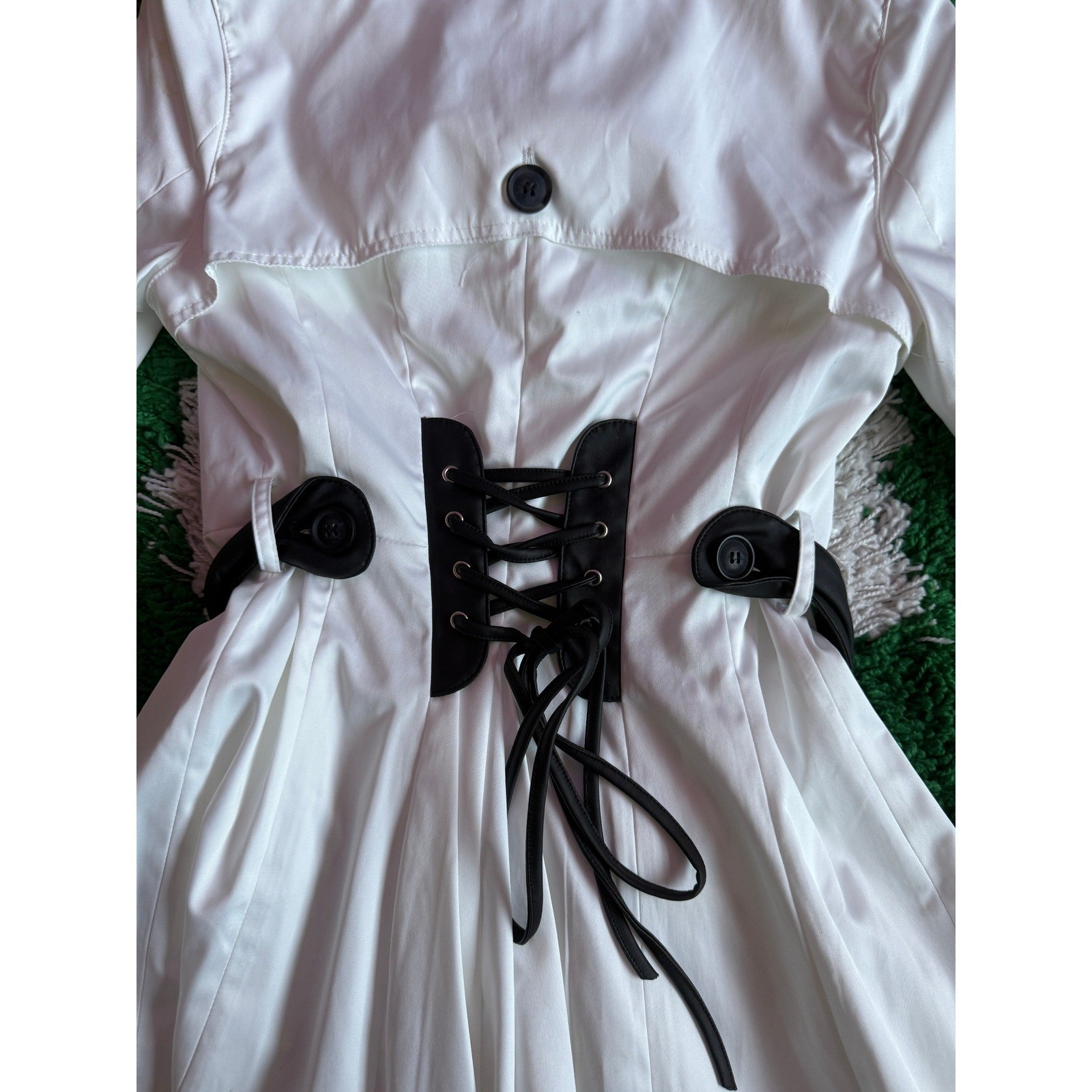 Windsor White Trench Coat Black Contrast Lace Up Back Double Breasted Small