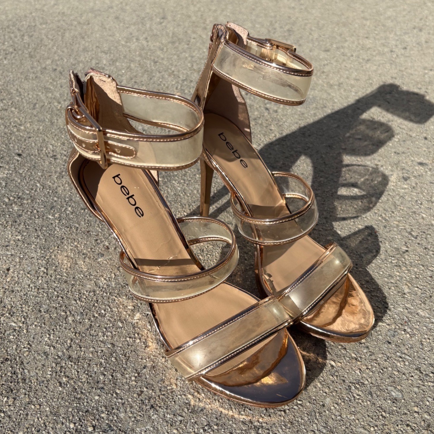 Bebe Rose Gold Metallic Clear Strap Stiletto Sandals Ankle Wrap Heels Size 9