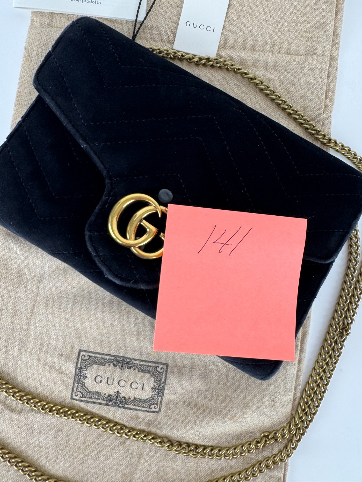 Gucci Auth Black Velvet Leather GG Marmont Mini Chain Strap Bag Wallet Crossbody