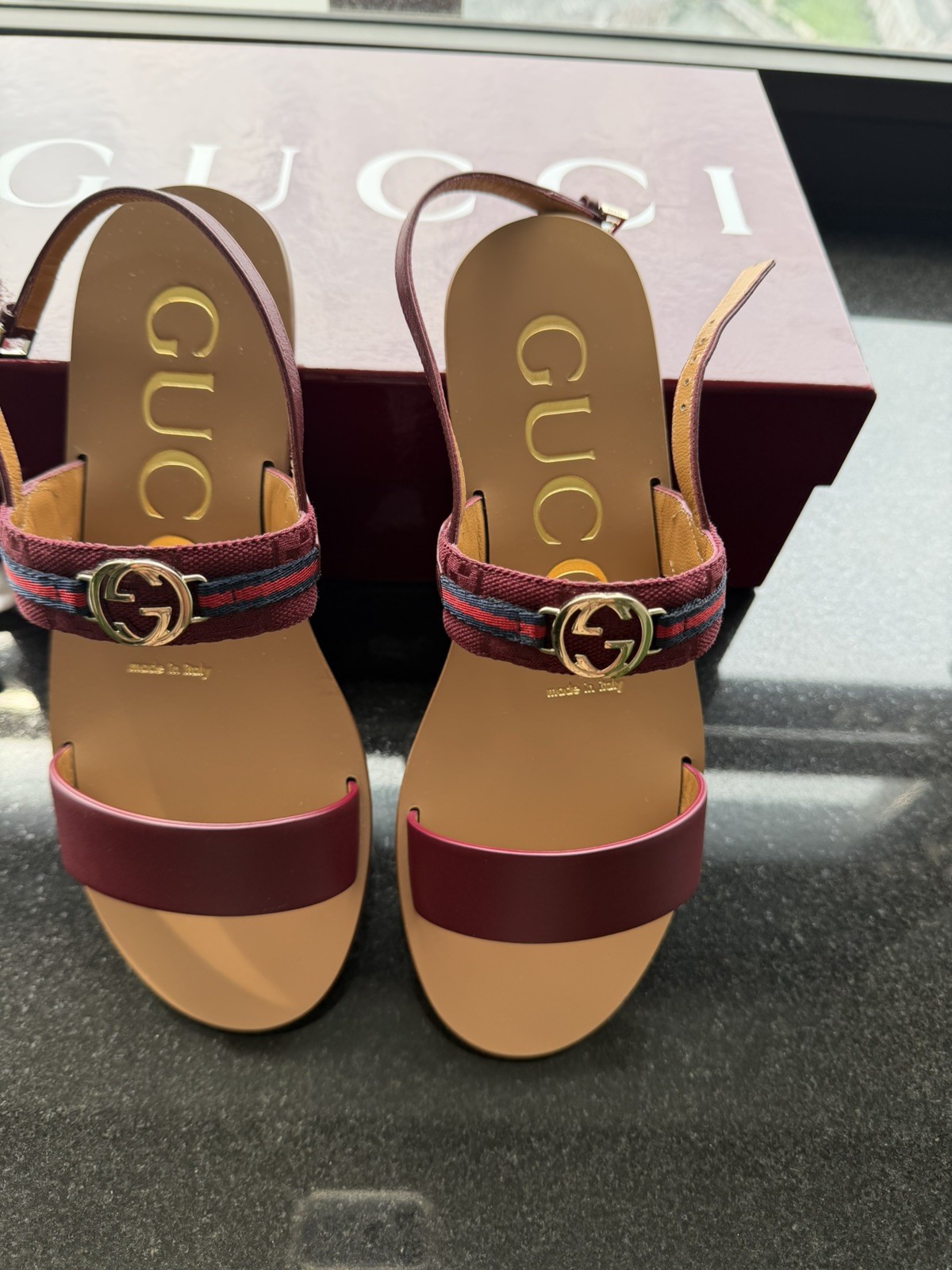 Gucci Interlocking G Web Stripe Sandal in Burgundy