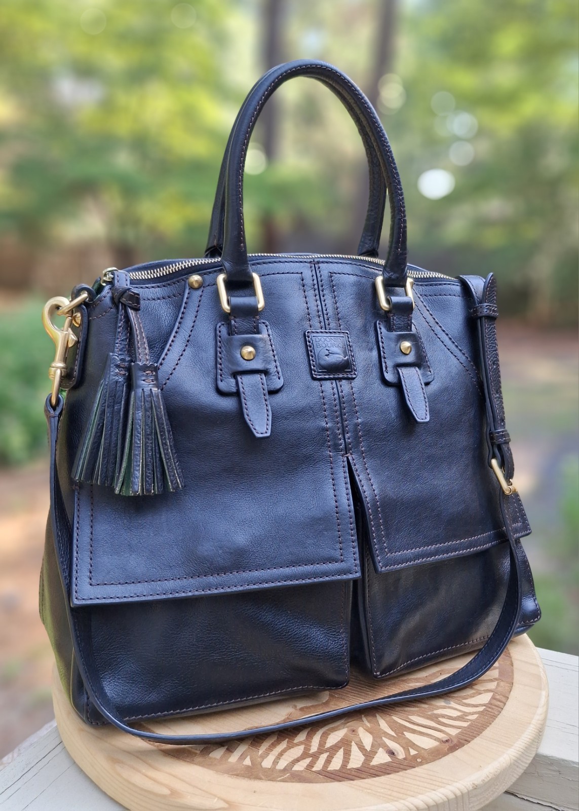 Dooney & Bourke Black Florentine Vacchetta Leather Clayton Satchel