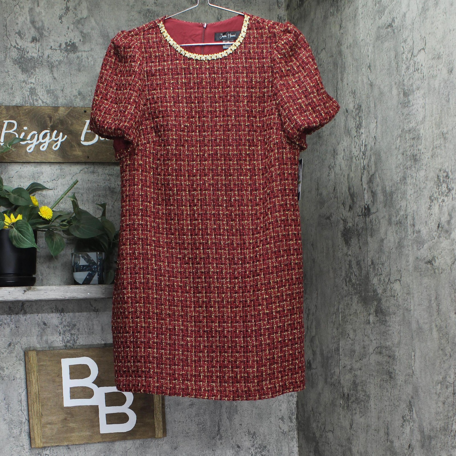 Jessica Howard Womens Petite Tweed Embellished Shift Dress Red / Gold 14P