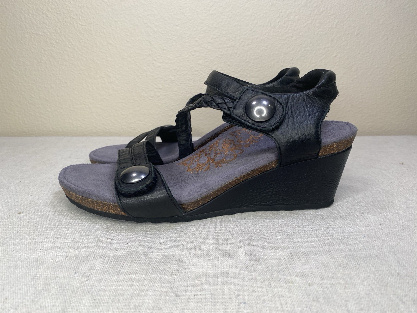 Aetrex Naya Black Leather Braided Strap Comfort Sandals Womens 8.5 EW450W