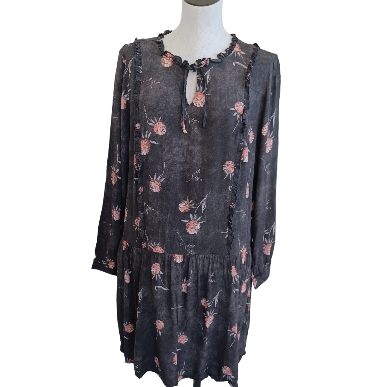 Caslon Dress Womens Med Brown Pink Floral Long Sleeve Drop Waist Tie Neckline