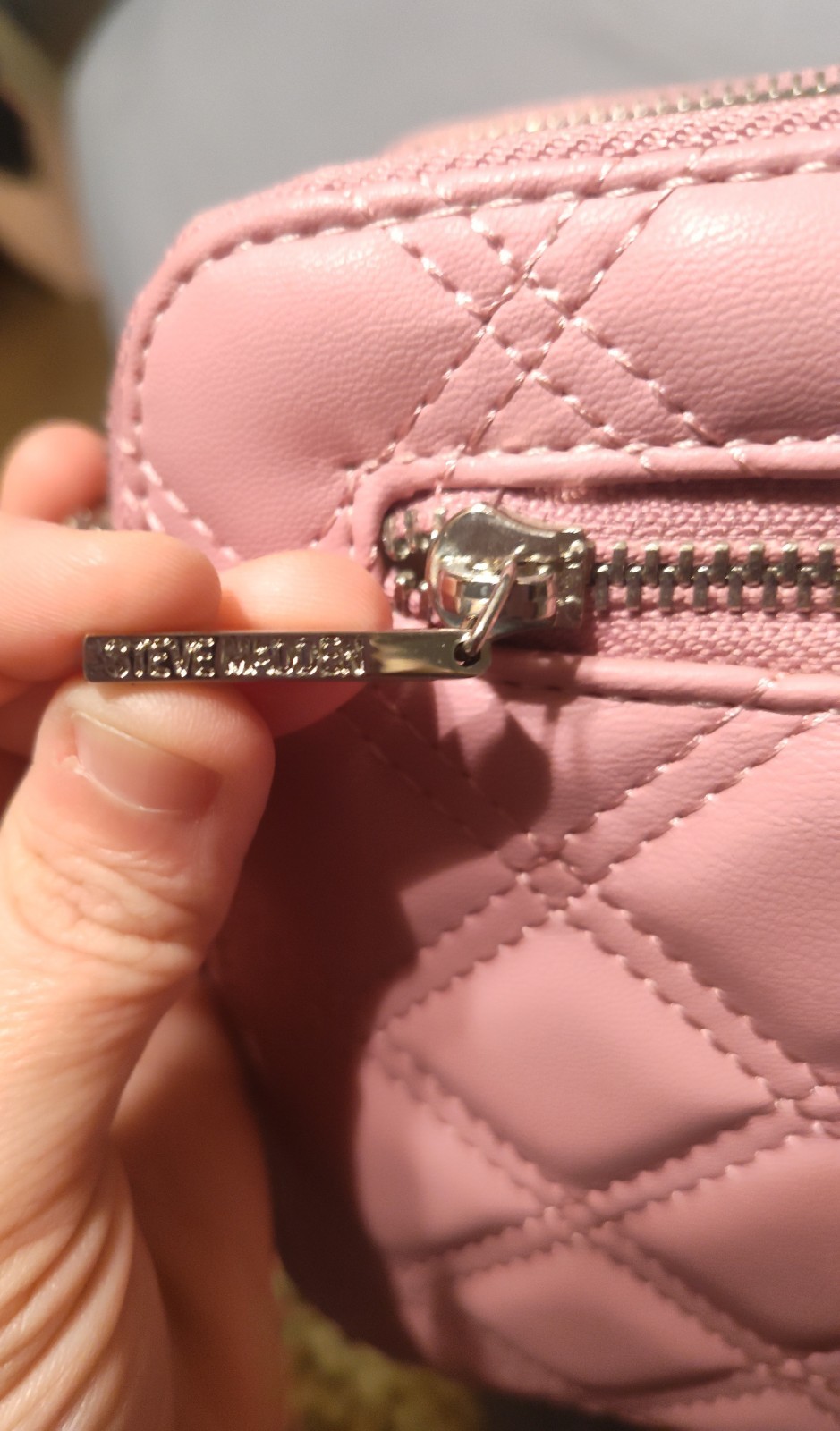 Steve Madden Pink Quilted Crossbody Bag Zip w/ Adjustable Logo Strap, Coin Pouch