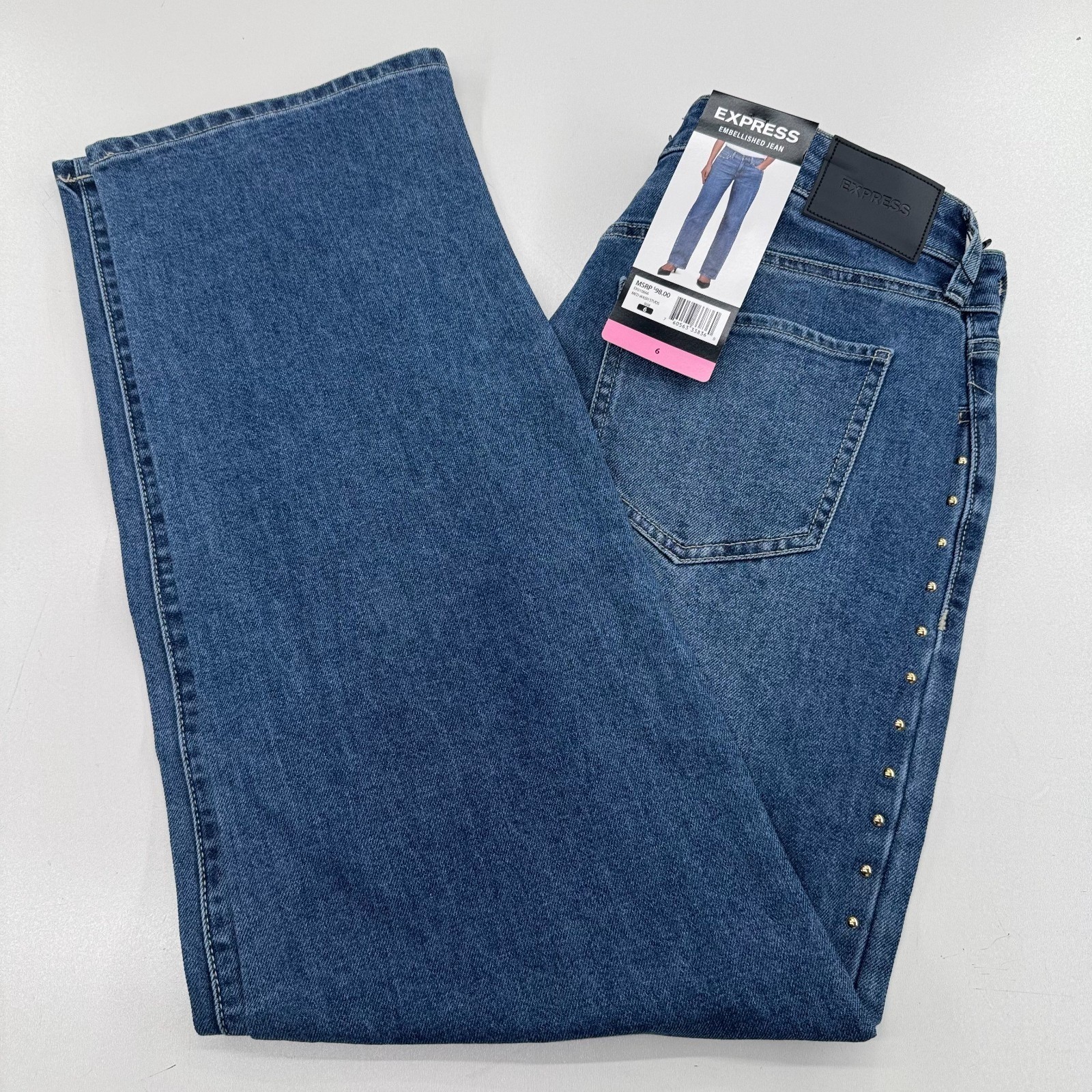 NEW Express Embellished Jeans WOMENS Blue Medium Wash Studs SIZE 6 INSEAM 30″