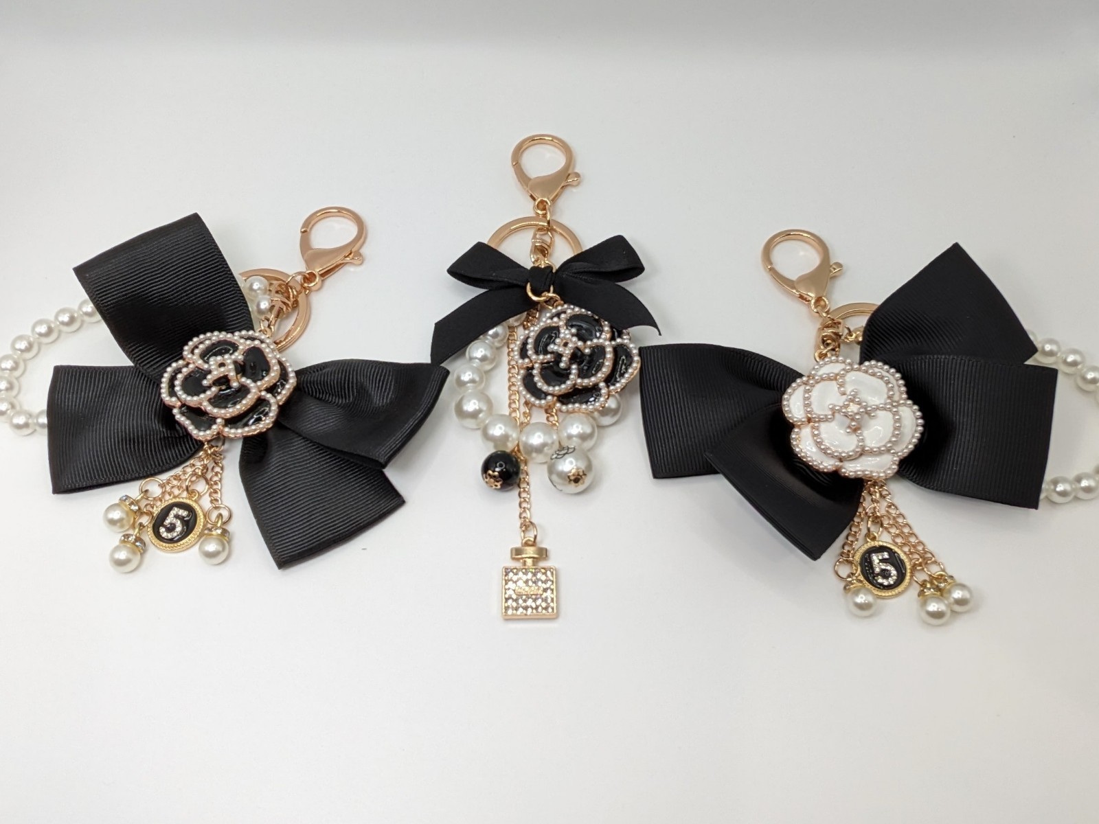 Camellia Bag Charm & Rhinestones – Black Bow & Faux Pearl | Stocking Stuffer