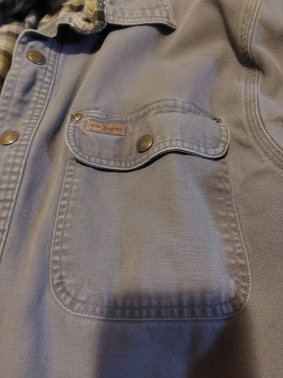 Carhartt Men’s Gray Work Jacket Plaid Lined Pockets Size S (Runs Large)