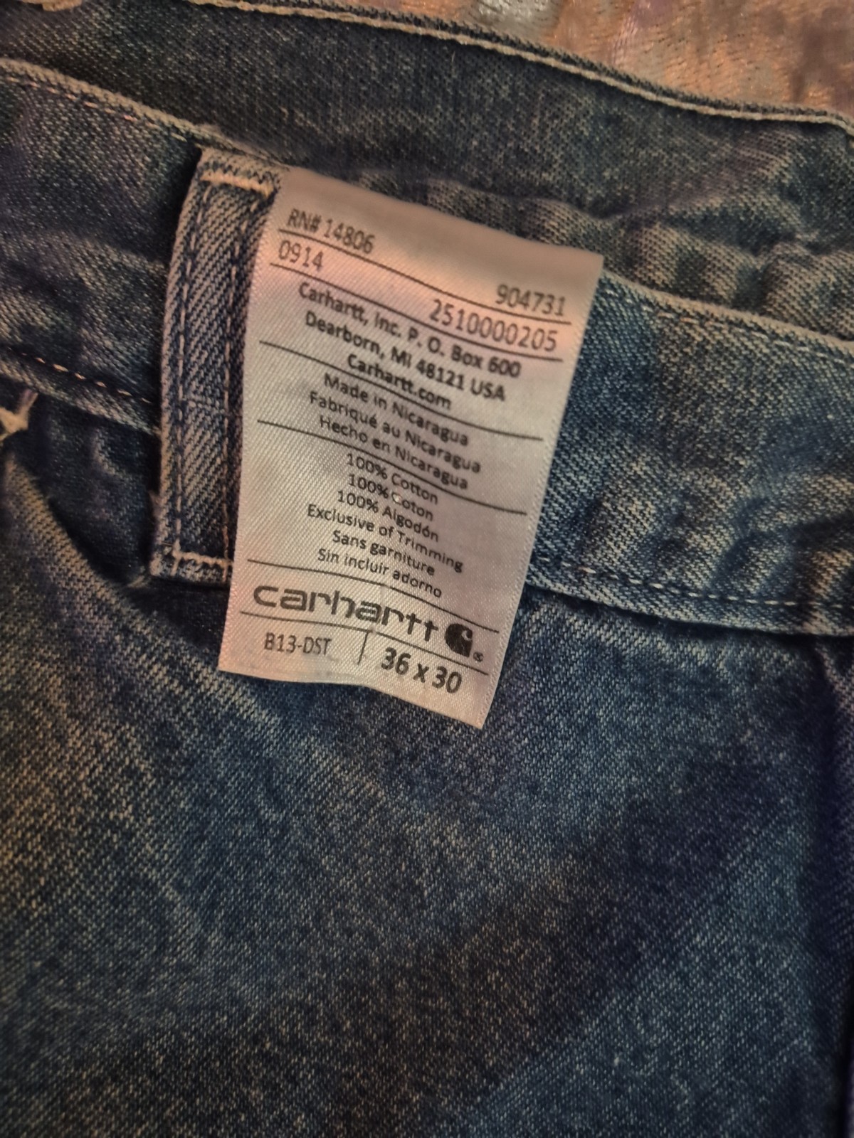 Carhartt Relaxed Fit Blue Denim Carpenter Jeans Mens Size 36×30 With Imperfectns
