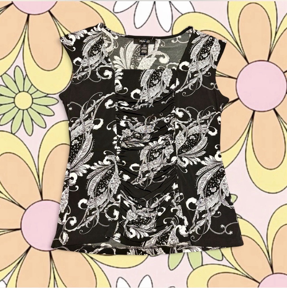Vintage Y2K Style n Co Black & White Paisley Fairy Sleeves Top Size M