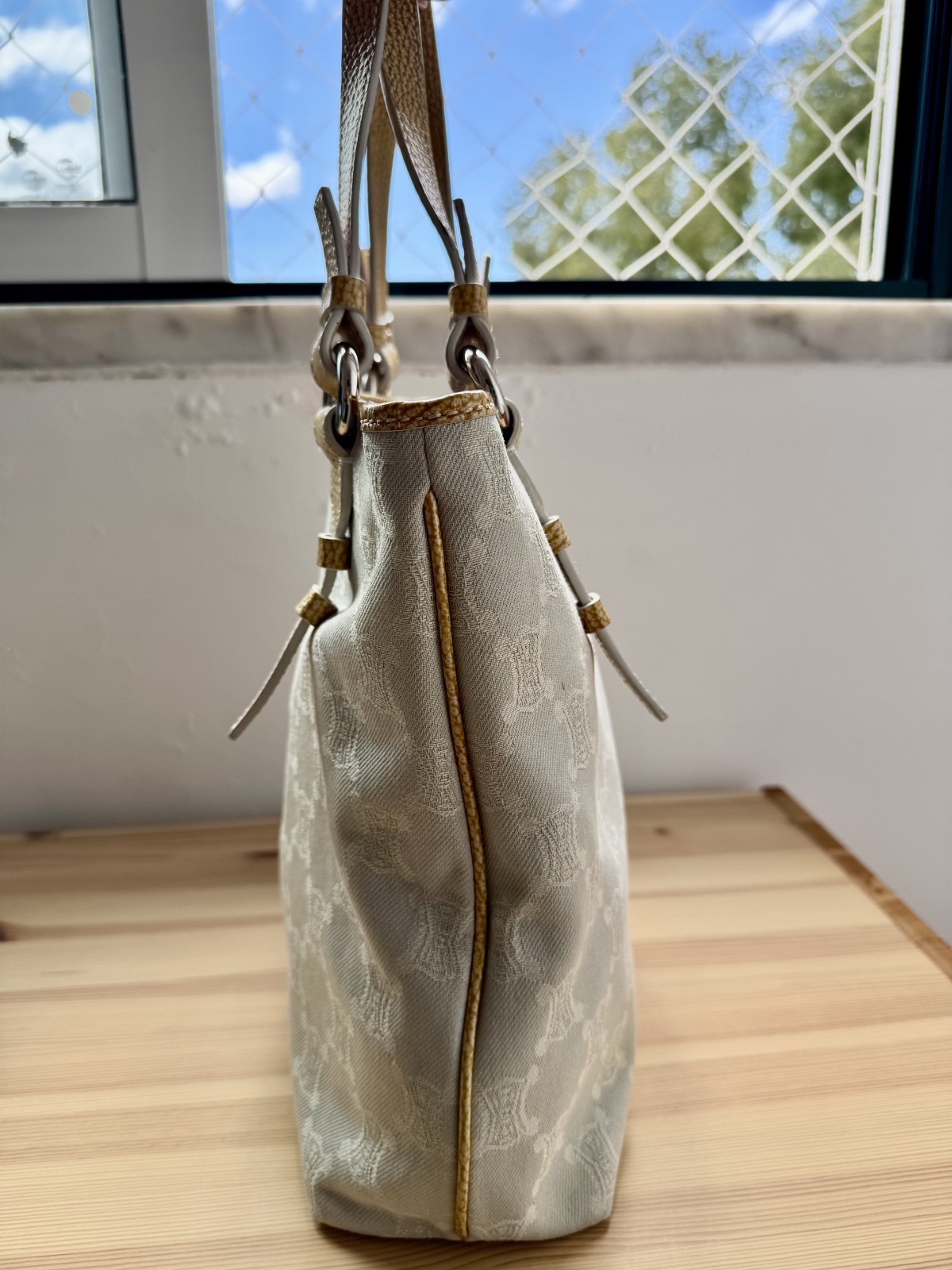 Vintage CELINE Gray Macadam Triomphe Canvas Tote Bag – Y2K Yellow Leather Trim
