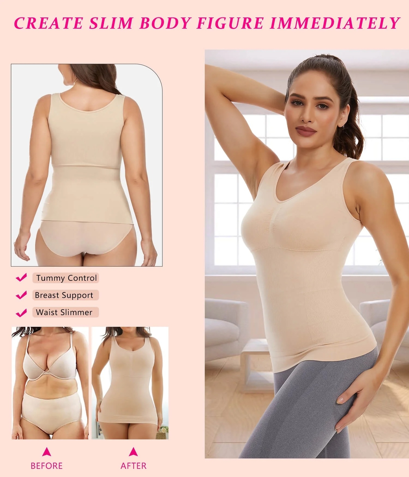 3 Pack Slimming Tank Tops with Built in Bra Women Cami Compression Body Shaper