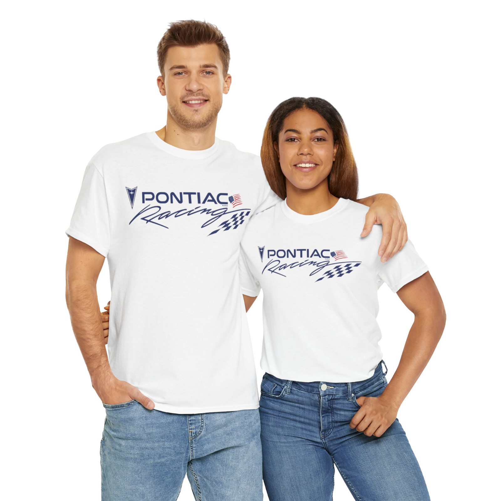 DigiRods Pontiac Racing Team Car Model American Flag Logo White T Shirt