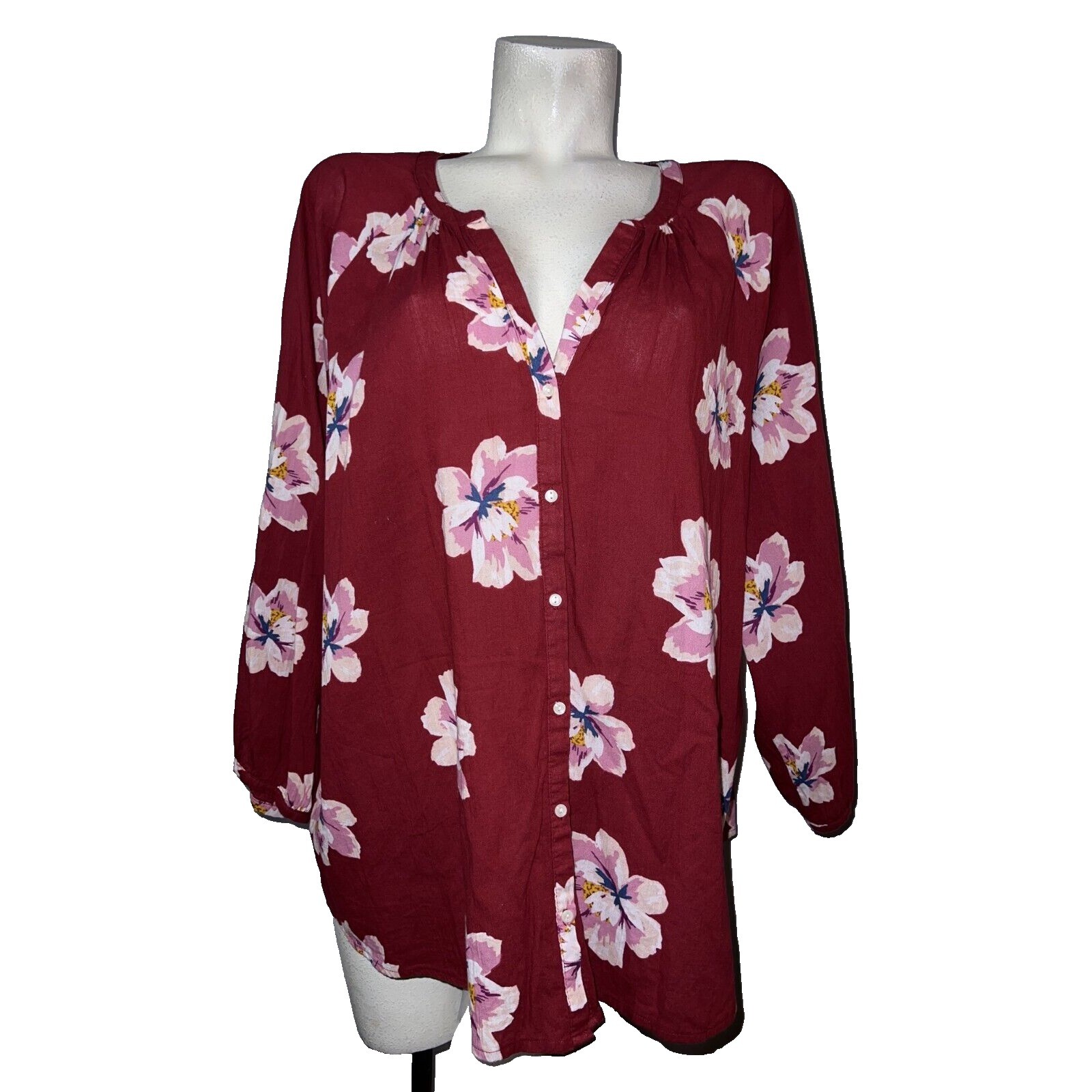 Old Navy Womens XXL Burgundy Pink Floral Rayon Button-Front V-Neck Blouse Top