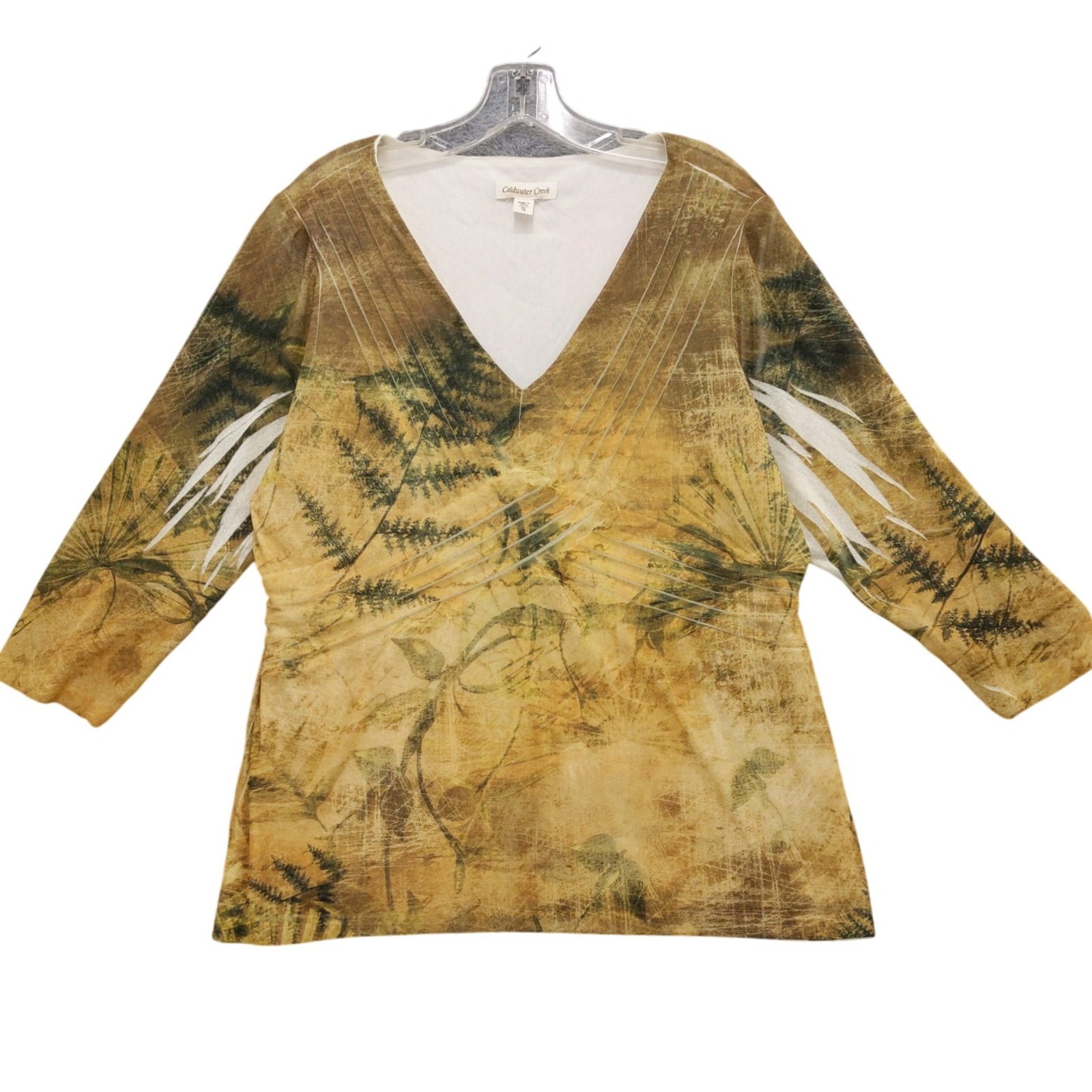 Coldwater Creek Womens Top XL 3/4 Sleeve Brown Beige Botanical V Neck