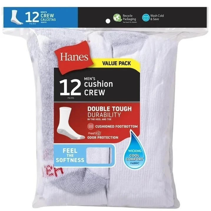 Hanes Men’S Double Tough Crew Socks, 12-Pair Pack size 6-12 shoe size