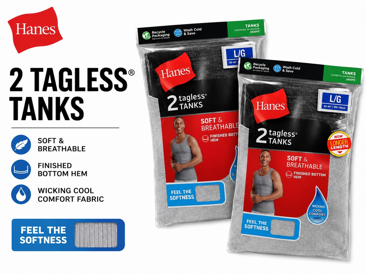 Hanes Tagless Breathable Ribbed Cotton Tank Undershirts Gray L/G 2-Pack 3920P2