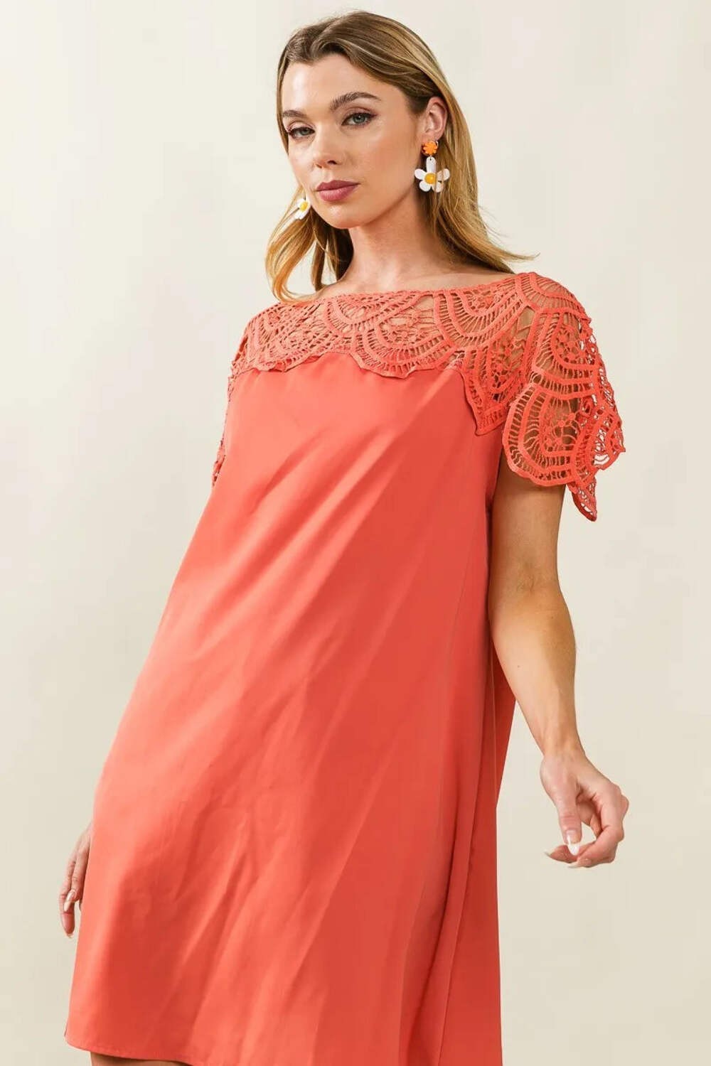 Crochet Lace Yoke Detailed Wrinkled Dress