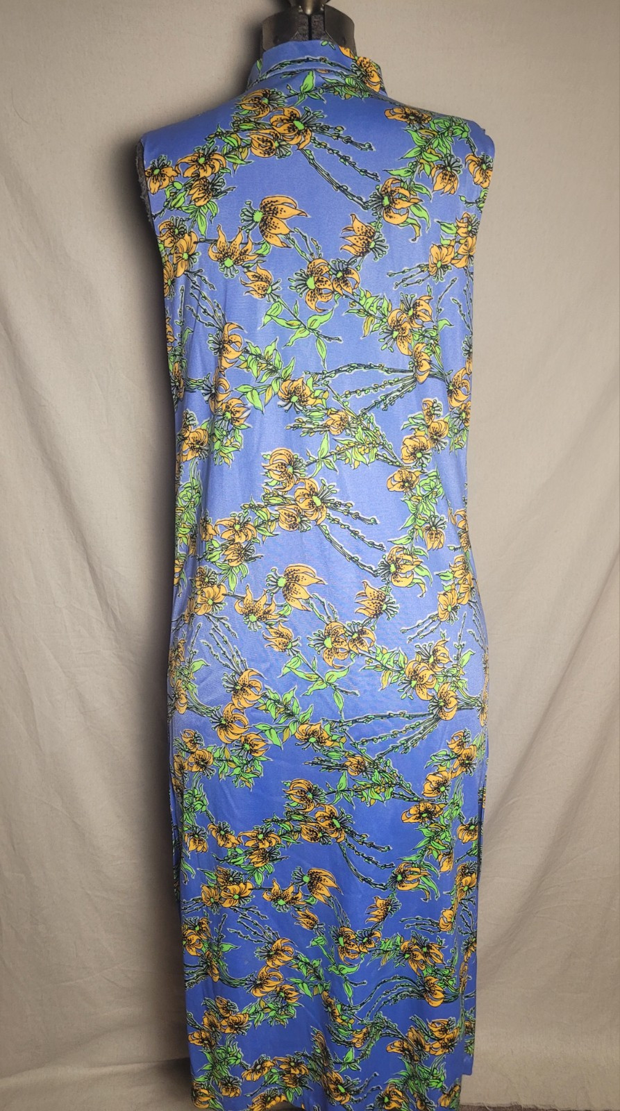 Vintage 60s 70s Blue Yellow Floral Maxi Leg Slits Sleeveless Size M Pocket Zip