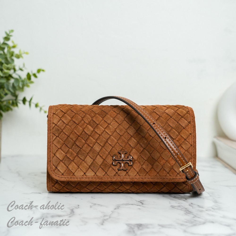 Tory Burch Thea Woven Suede Flat Wallet Crossbody in Chicory Brown NWT