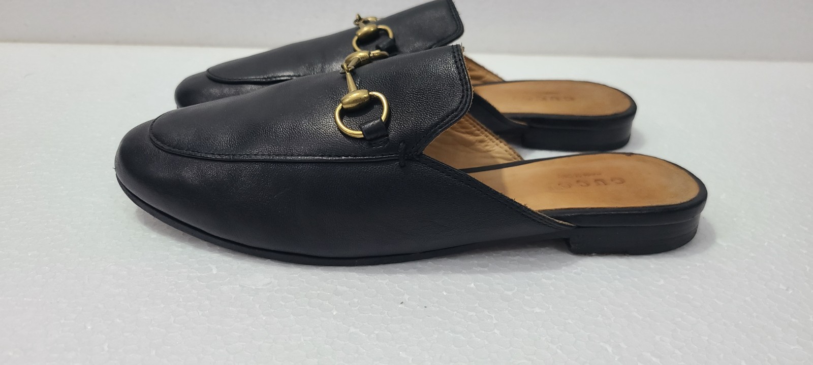 GUCCI Black Leather Princetown Mules Slides Gold Horsebit Size EU 35 US 4.5