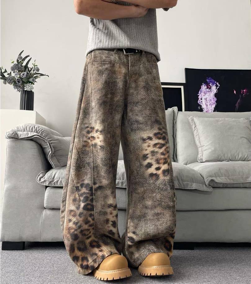 Men’s Brown Denim Jeans Leopard Wide Leg Casual Pants Punk Hip Hop Trousers New